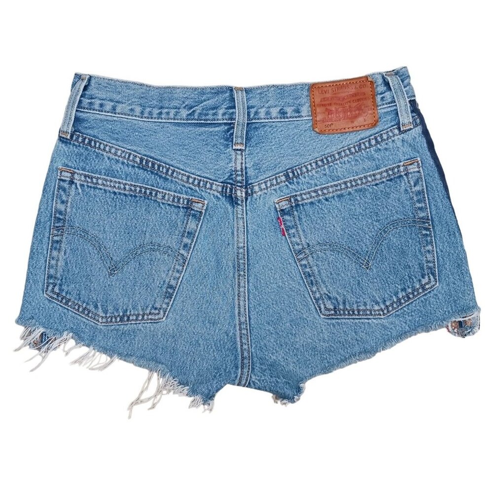LEVIS 501 Premium Sport Tape Denim Jean Shorts Cutoffs Frayed Hem Big E Sz 26 - Picture 4 of 16